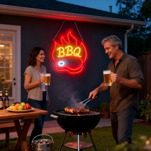 Image of BBQ Neon Signs for Backdrop wall decor,Dimmable USB Powered,Barbecue Neon Light Up Home Party restaurant Grill Beer Bar Decoration Lights, Bright LED bbq sign (14.8 inch*12.2 inchin)