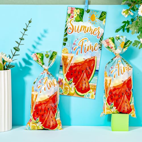 Cxryrzhe Zellophanbeutel für Leckereien, Sommer-Stil, Wassermelone, Zellophan, Süßigkeiten, Kekse, Geschenktüten, 12,7 x 26,7 cm, mit Bindebändern für Snacks, Bäckerei, Geburtstag, Hochzeit, Party, 50