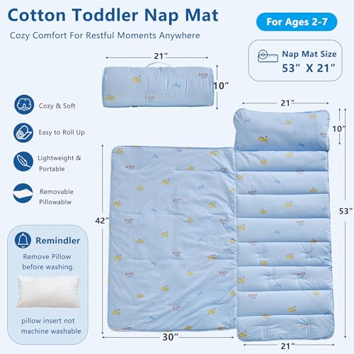 Image of Cotton Toddler Nap Mat with Pillow and Blanket,Extra Large Rolled Napping Mats,Slumber Bags for Boys Girls,Kids Sleeping Mat for Daycare,Preschool Kindergarten-Blue Fish