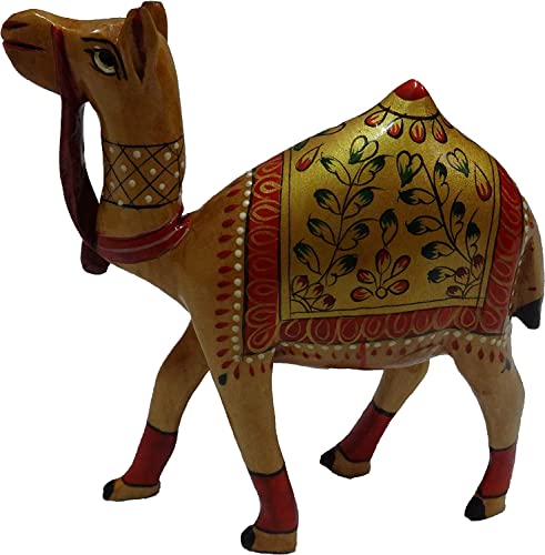 Image of Kanahaiya ji Handmade Gold Meenakari Painted Work Decorative Hand Crafted Wooden Camel Wood Sculpture Statue Home Decor Art & Craft Showpiece Decoration Diwali Special Figurine Festive Gift 4.3