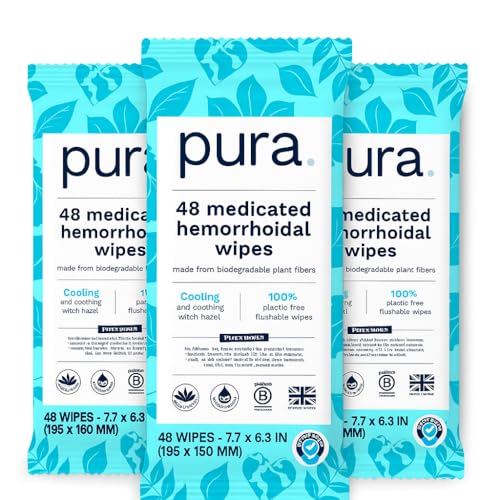 Image of Pura XL Flushable Hemorrhoid Wipes Bundle, Medicated with Witch Hazel, Aloe & Coconut Oil, Fragrance-Free, Cooling & Soothing Relief, Extra-Large, 100% Plastic-Free, 3 Packs (144 Wipes)