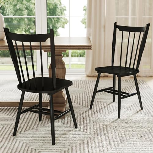 Black Wooden Dining Chairs Set of 2, Windsor Dining Chairs with Spindle High Back & Solid Wood Legs, Farmhouse Vintage Kitchen Chair for Dining Room/Restaurant, Armless