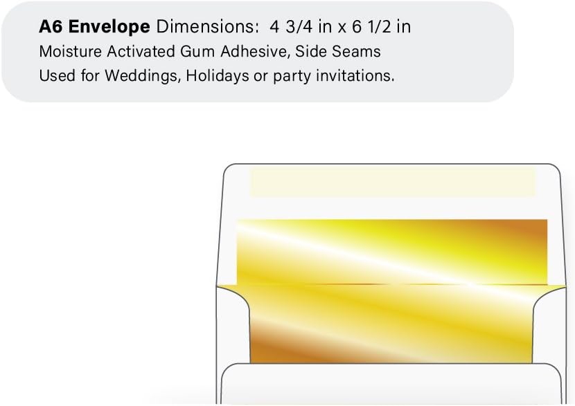 A6 Invitation Envelope - Gold Foil Lined - 24# White (4 3/4 x 6 1/2) - Announcement Envelope Series (Pkg of 100)