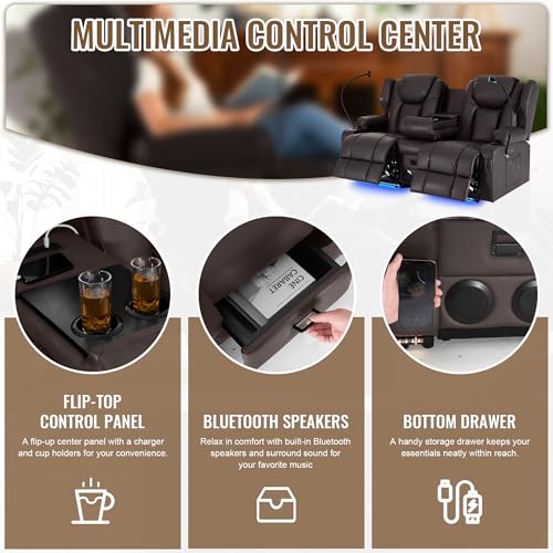 Image of Power Recliner Loveseat for Living Room, Loveseat Sofa with Center Console, USB Type-C Port, Leather Chair with Vibration Massage and Heat, Speaker Oversized Recliner Chair for Home Theater (Brown)