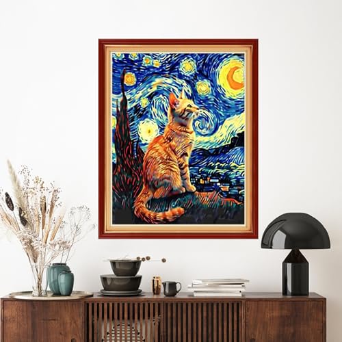 Image of Artvxeay Stamped Cross Stitch Kits - Embroidery Kits for Beginners Cross Stitch Kits for Adults 11 CT Printed Patterns Needlepoint Kits-Van Gogh Starry Cat 16x20 inch