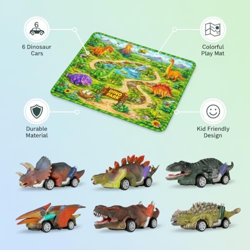 Image of Lefan Dinosaur Educational for 3 4 5 6 7 8 Years Old Boys Girls Kids Gifts 6 Dino Figure Dinosaur Toy Car Set with Dino Park Play Mat 6 Pull Back Dinosaur Cars for Kids Activity Play Set Gift Toy