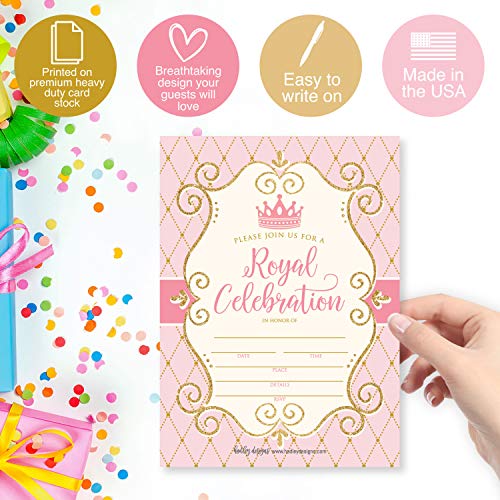 Image of Hadley Designs Kids Birthday Invitations Girl Princess Theme - 25 Royal Birthday Party Invitations For Girls, Princess Invites For Girls, Cute Party Supplies, Made in USA