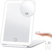 Espelho de Maquiagem Portátil com Luz LED e Aumento 10X, Recarregável via USB, 3 Cores, Tela Touch, Ultra Fino e Dobrável, para Viagem, Maquiagem e Escritório