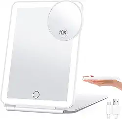 Espelho de Maquiagem Portátil com Luz LED e Aumento 10X, Recarregável via USB, 3 Cores, Tela Touch, Ultra Fino e Dobrável, para Viagem, Maquiagem e Escritório