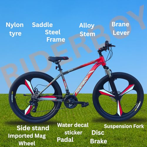 Image of RIDERBOY Mountain Cycle with Steel Frame, Disc Brake, Suspension Fork, 26 Inch, Single Speed, Red Grey, for Boys and Girls 13+ Years