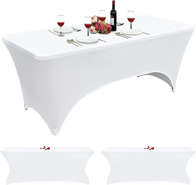 2 Packs Spandex Tablecloth 6ft Polyester Fitted Rectangular Table Cloth Stretchable Table Cover Tight Fitted Table Cover Wedding Banquet Party Cocktail Bar Patio Craft Exhibitions Table Cover(White)
