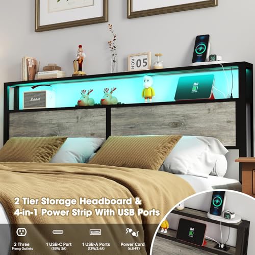 Image of King Size Bed Frame with Headboard, Metal Platform Bed Frame with LED Lights & Charging Station, Under Bed Storage, Solid and Stable, No Box Spring Needed, Noise Free, Easy Assembly, Rustic Grey