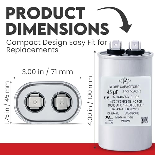 Globe Capacitor 45mfd ±5% 370V/440V Oval Single Element CBB65 Motor Run UL Recognized 45uf 370/440VAC 50/60hz Industrial Electrical by Globe Capacitors - Image 4