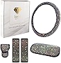 Bling Car Accessories Set - Pack of 5 - Rhinestone Steering Wheel Cover, Diamond Soft Seat Belt Shoulder Pads, Sparkle Car Armrest Cover, Car Gear Shift Cover for Women, Gift box (Multi-colored)