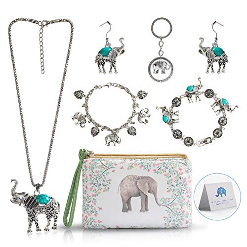 Elephant Jewelry Sets for Women Girls,Vintage Silver Ethnic Tribal Elephant Jewelry with Elephant Makeup Bag for Elephant Lover Gift
