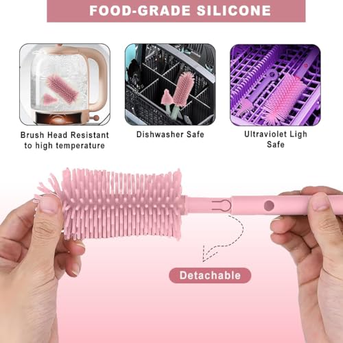 Image of TONY STARK Baby Non-Toxic, Bottle Cleaning Brushes Set with Stand for Baby Milk Bottle, Nipple, Straw,Silicone Bristle Bottle Cleaner Brush for Movable Cleaning (Blossom Bear (Pink))