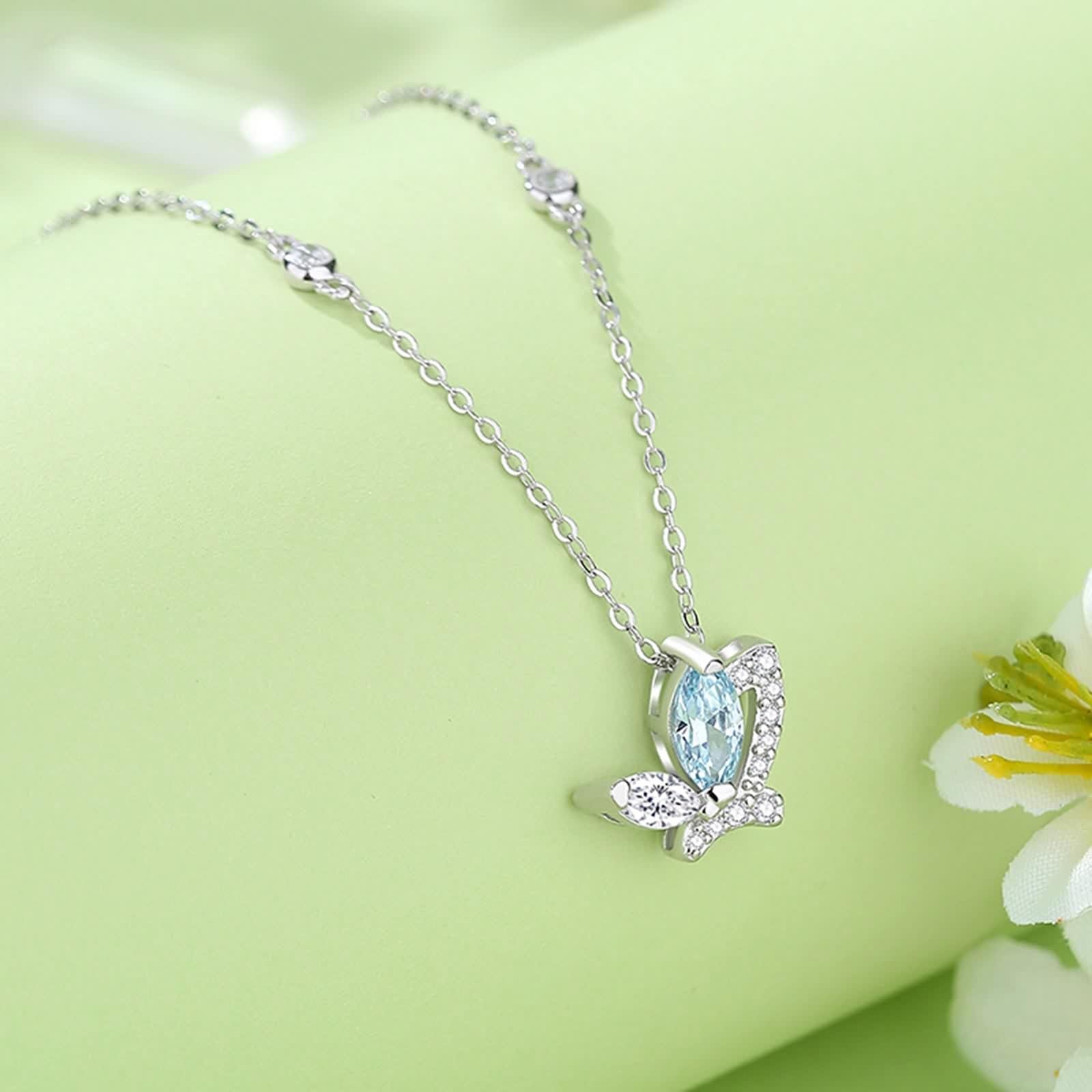 Collana Lunga Farfalla, Collane Donna Blu Topazio Ciondolo Catenina Gioielli Oro Bianco 9K/14K/18K con Moissanite Oro Bianco 40+5cm