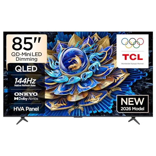 TCL 85T8D Television 85 Inch Smart TV 4K QD-Mini LED Dimming Colorful Quantum Crystal HDR 10+ Gaming Google TV 144Hz Native Refresh Rate ONKYO 2.1 Hi-Fi Dolby Vision Atmos Game Master (2026 Model)