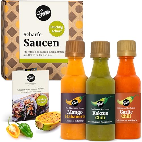 Gepp‘s Feinkost fruchtige Saucen Set I Hot Sauce Set mit 2 Habanero Chili Saucen und mexikanischer Kaktus-Chilisauce I Scharfe Soßen Set hergestellt nach eigener...