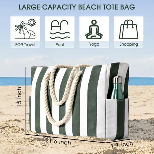 Image of Becokan Women's Pool Swim Bag - Waterproof Sandproof Large Stripe Beach Tote with Zipper