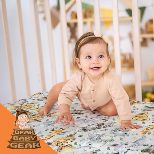Image of Dear Baby Gear Deluxe Baby Crib Sheet - Cotton Polyester Infant Sheets - Soft Machine-Washable Crib Mattress Cover - Newborn Nursery Bedsheet -Safari Animals with Palm Leaves Print, 52x28x10