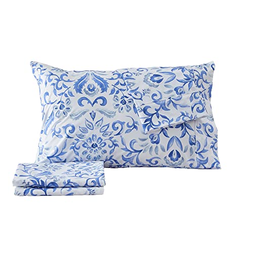 Image of Great Bay Home Queen Size Floral Microfiber Sheet Set - 4-Piece Ultra-Soft, Brushed Bedding Sheets & Pillowcases - Wrinkle Free, Comfortable, All-Season Bed Sheets (Watercolor Flowers - Blue)