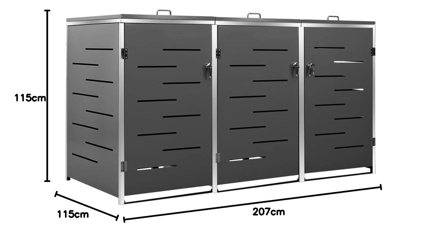 Mülltonnenbox für 3 Tonnen 207x77,5x115 cm Rahmen aus Edelstahl Mülltonnenverkleidung Müllbox Mülltonne Müllcontainer Gartenbox Gerätebox Mülltonnenschrank Anthrazit