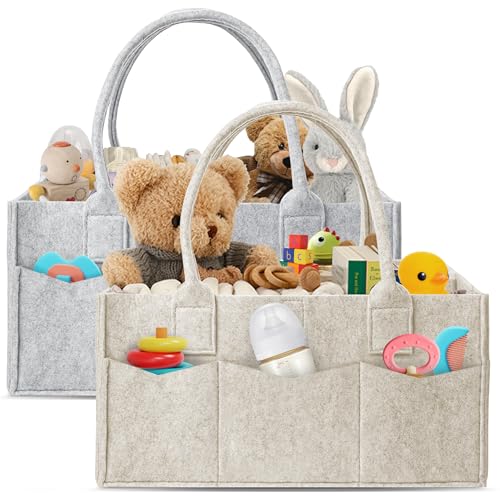 HIPHOP PANDA 2-Pack Diaper Caddy Organizer – Nursery Storage Bin & Car Organizer for Diapers, Wipes, and Baby Essentials – Dual-Color Solid Set (Grey/Oatmeal), Regular Size