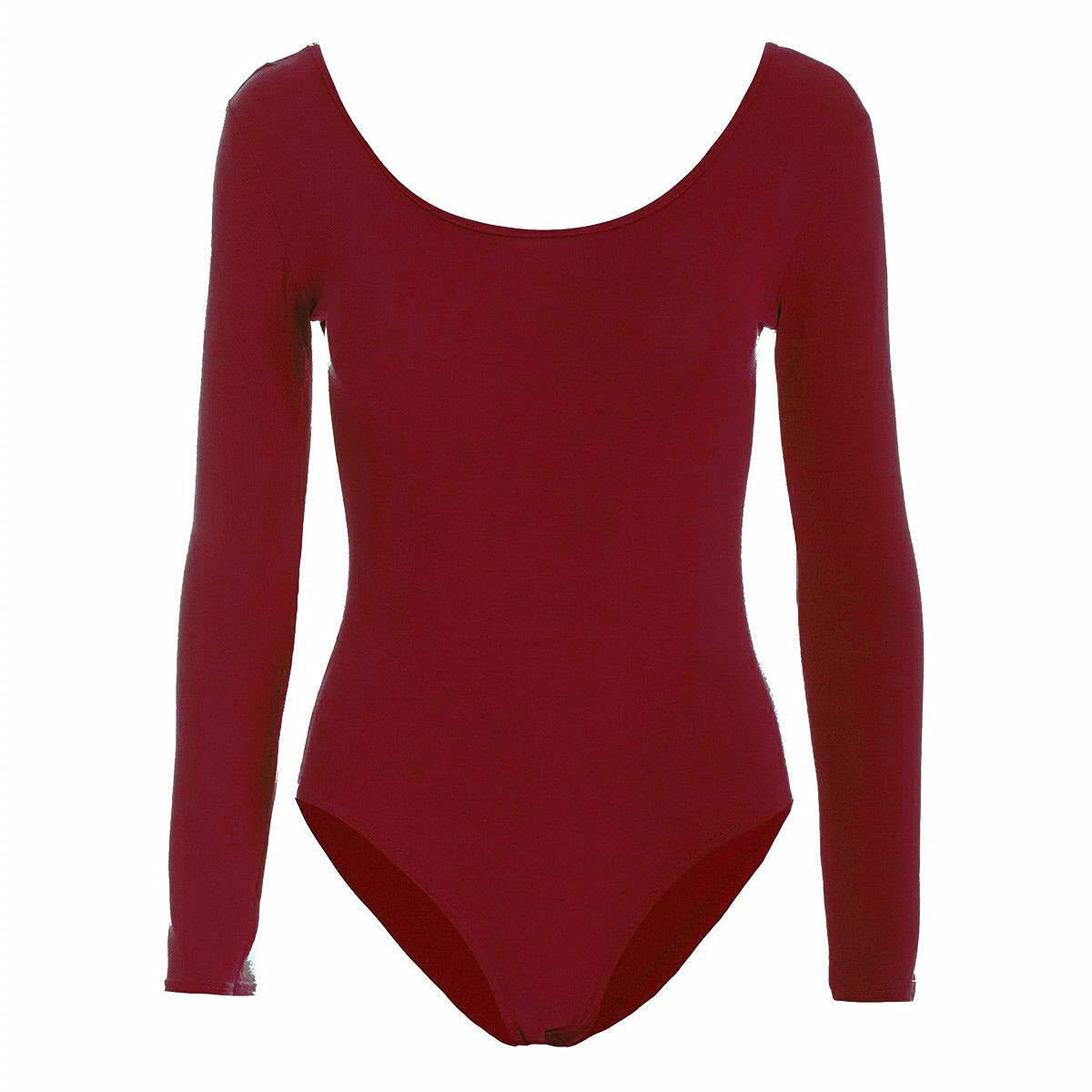 21Fashion Womens Girls Stretch Leotards Ladies Kids School PE Ballet Dance Gymnastics Full Sleeves Bodysuit Wine