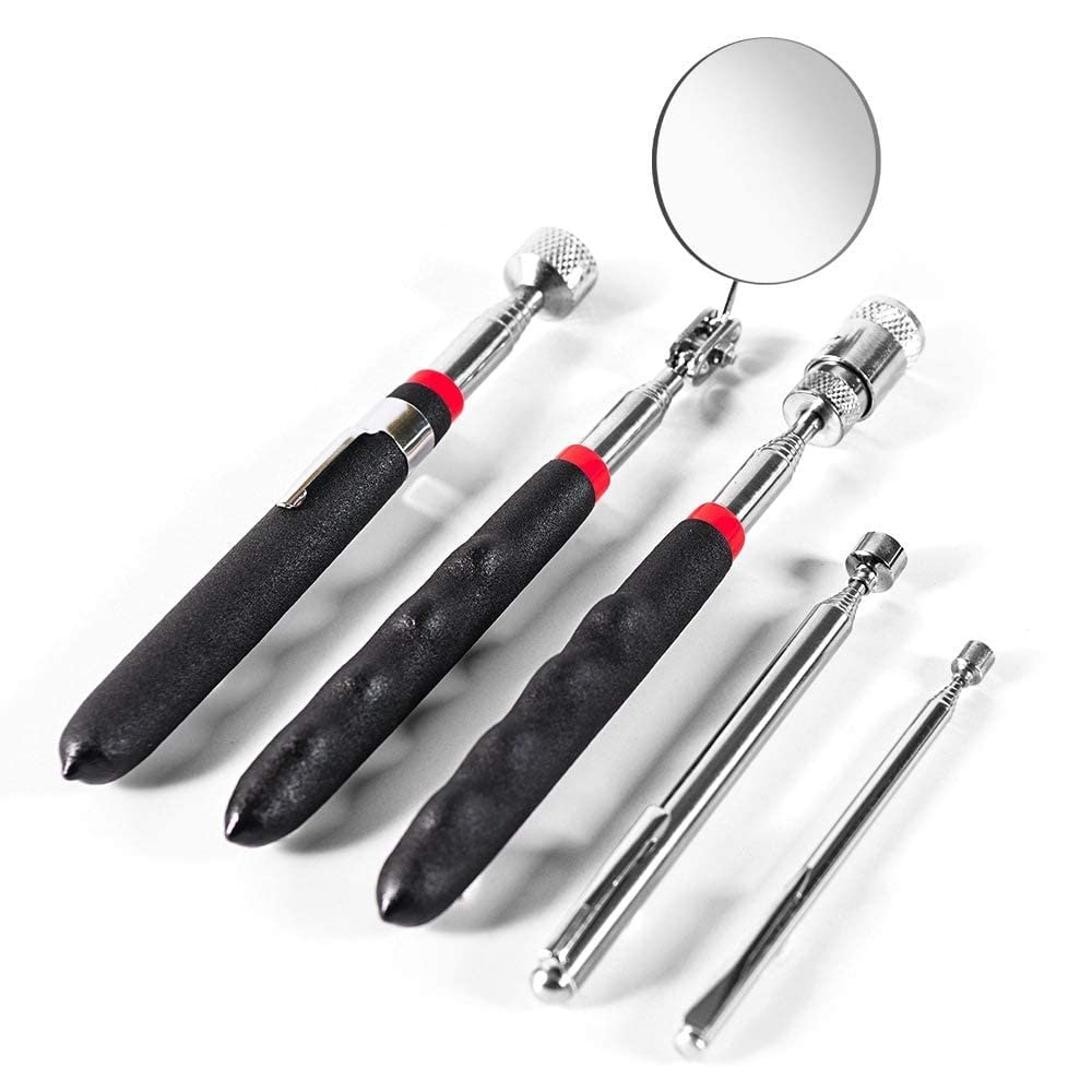 Magnetic Pick-up Tool - 5pcs Telescoping Magnetic Pickup Tool, Including 10 lb/ 3.5 lb/ 1.5 lb Pick-up Tools, 8 lb with LED Light, and Round Inspection Mirror for Viewing Pickup Dead Angle