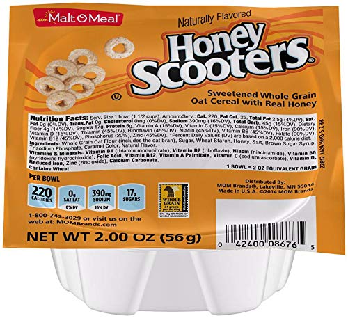 Malt O Meal Honey Nut Scooters Sweetened Whole Grain Oat Cereal, 2 Ounce -- 48 per case.