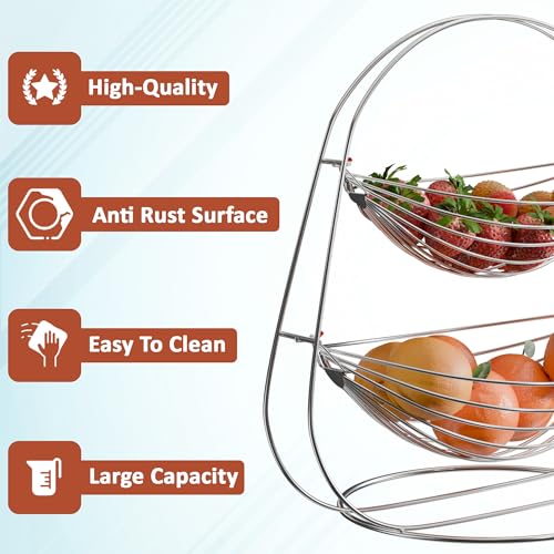 Image of Kuber Industries Stainless Steel 2 Tier Oval Swing Fruit and Vegetable Basket | Countertop Onion Potato Rack for Kitchen /Pantry | Fruit Basket for Dining Table | Vegetable Storage Stand | Silver