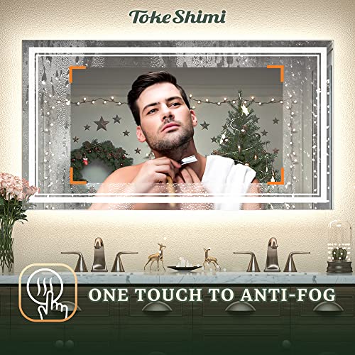 Tokeshimi 48X30 Inch Bathroom Led Mirror Front Lighted Backlit Vanity Mirror With Double Light Strip 3 Colors Cri 90+ Anti-Fog Memory Funtion Wall Mount Make Up Mirror For Bathroom Décor #TOP5