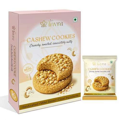 Image of Invra Cashew Millet Cookies | Handcrafted Premium with Real Cashews | Clean Ingredients, No Artificial Preservatives | Crunchy Anytime Snack | 16 Pack
