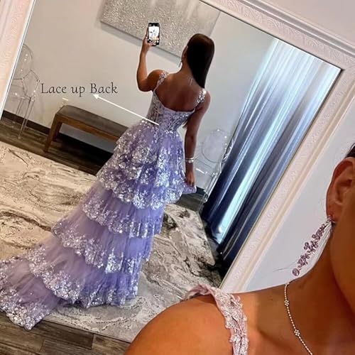 Sparkly Lace Tulle Tiered Prom Dresses 2025 Long Slit Spaghetti Straps Formal Corset Evening Party Gowns2
