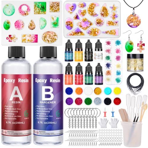 Resine Epoxy Transparente 2 parties 400ml, Kit Complet avec Moule, Colorant, Paillettes, Feuille d'or, 1:1 Ratio pour Fabrication de Bijoux, Collier, Porte...