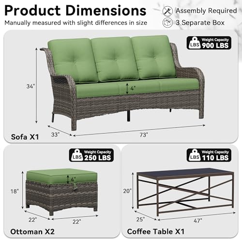 Image of 4-Piece Outdoor Couch Set, Includes Wicker Patio Sofa with Thickened Olefin Cushions, High Back and Deep Seating, Hand-Woven PE Rattan and 2 Ottomans, 1 Coffee Table for Porch, Deck