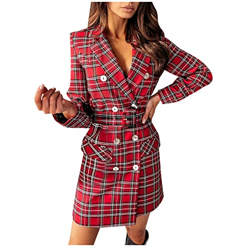 Rioge Damen Blazerkleid Kariert V-Ausschnitt Kleid Damen Langarm Minikleid Partykleid für Business Office Frauen Slim Kleider Bodyconkleid Damen...