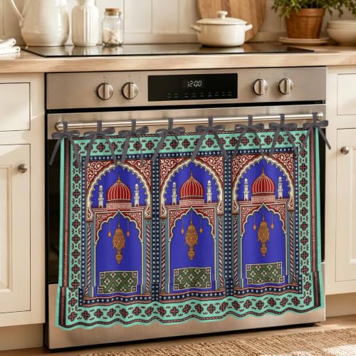 Oven Skirt Curtain for Kitchen Decor 24x32 Inch, Archway Columns Tie Top Oven Curtain with Ruffle Trim, Stove Cover Skirt for Dishwasher Cabinet Over Sink Vintage Ethnic Traditional Blue Teal Castle