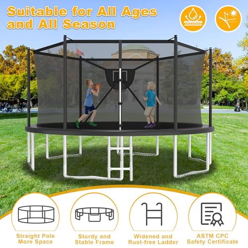 2025 Upgrade 1500LBS Outdoor Tranpoline for Kids and Adults 【Easy to Install & Built to Last】 10FT 12FT 14FT 16FT Recreational Tranpolines with Net, Basketball Hoop and Ladder, ASTM Approved