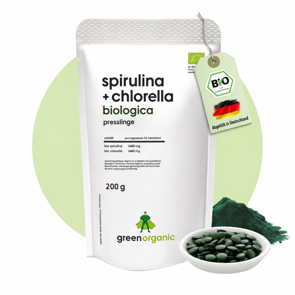 Spirulina biologica + clorella – 400 compresse 200 g – 500 mg per compressa – Plantensis e Vulgaris alghe – dosaggio elevato – pressa – coltivazione biologica controllata (200 g, Spirulina + clorella)