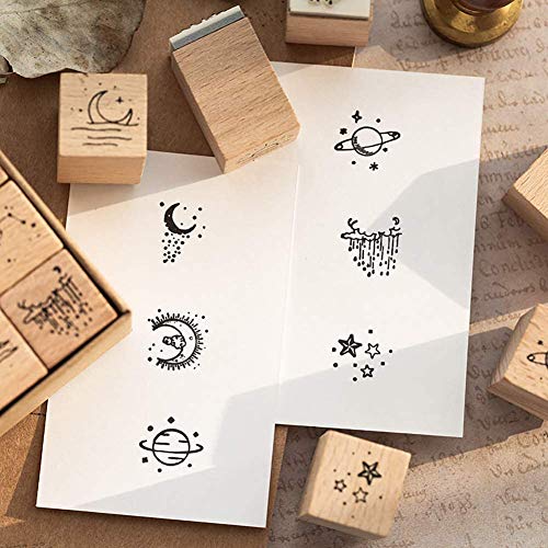 Fciqven 16 Pcs Vintage Wooden Rubber Stamp Set, Moon Decorative Stamp Wood Rubber Stamp for DIY Craft, Scrapbooking, Card Making, Gift Wrapping, Journals - Thumbnail 3
