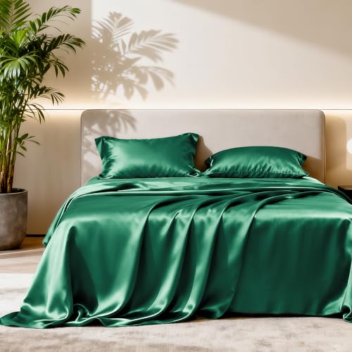 Image of Love's cabin Full Size Satin Sheet Set - 4 Piece Dark Green Silky Satin Sheet Set with Deep Pocket, Luxury Silk Feel Satin Bed Sheets Full Bedding Set (1 Flat Sheet,1 Fitted Sheet,2 Pillow Cases)