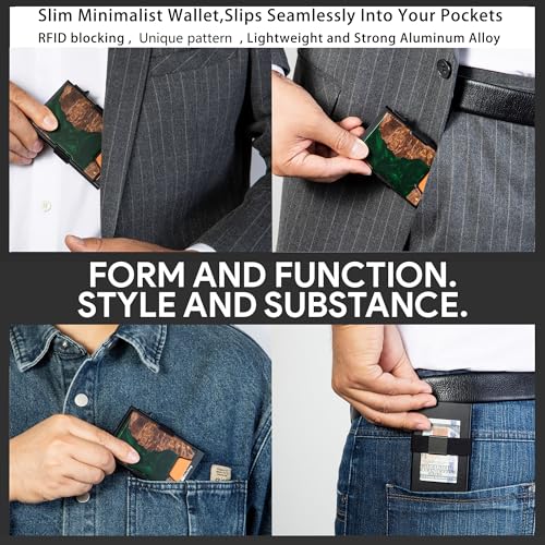 Image of Minimalist Mens Card Holder Wallet, RFID Blocking Slim Smart Pop Up Aluminum Wallet,Holds 12+ Cards,Expandable Compact Plate,Cash Strap /Money Clip (Resin Green Wood)