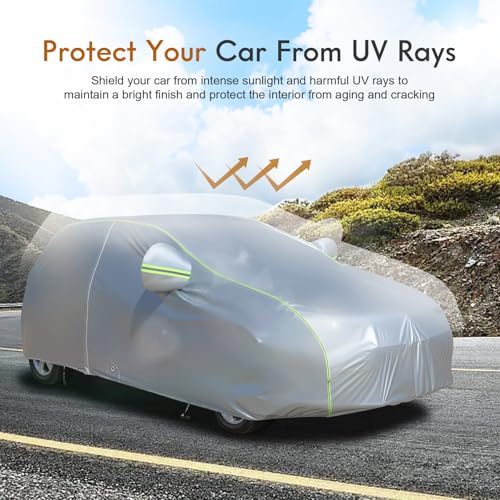 Image of Tecoom Light Shell Car Cover Waterproof All Weather, Breathable Material with Door Zipper & Mirror Pockets, Rain Snow Sun Wind Protection Outdoor & Indoor Full Covers Fit for Hatchback (160-172 inch)