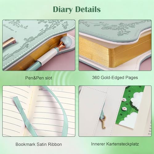 Nidoul Girls Gifts Diary with Lock for Girls Ages 8-14,The Princess Diaries 360 Pages with Lock,Keys and Pen,Journal Notebook Secret Diary for Girls Cute Gifts (Elegant Green) - Image 4
