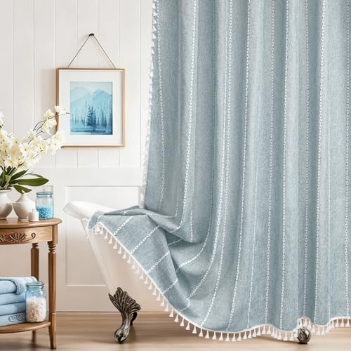 Boho Chic Shower Curtain Heavyweight with Tassels, 72 x 72 inch Sky Blue Linen Textured Fabric Shower Curtain, Country Farmhouse Striped Bathroom Decor Curtain Water Repellent Sky Blue 72"W
