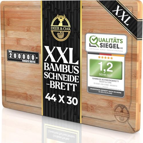 Deer & Oak Schneidebrett Holz – XXL Bambusbrett 44x30x2cm, Vorgeölt & Wasserabweisend, Messerfreundliches Küchenbrett für Fleisch, Gemüse & Brot Deer & Oak Schneidebrett Holz – XXL Bambusbrett 44x30x2cm, Vorgeölt & Wasserabweisend, Messerfreundliches Küchenbrett für Fleisch, Gemüse & Brot