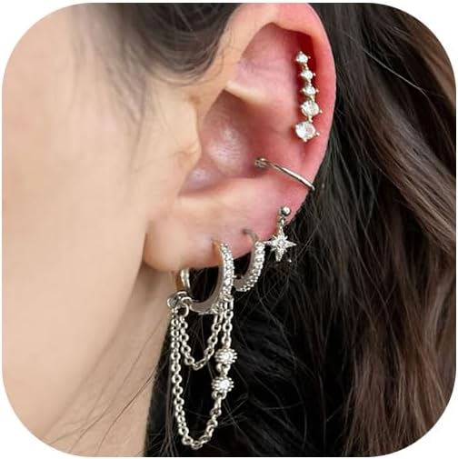 6 Pairs Gold Chain Earrings for Women, 14K Gold Plated Hoop Earrings Stack, Hypoallergenic Earring Sets for Multiple Piercing, Ear Cuffs Stud Huggie Hoop Dangle Chain Earring Pack for Women