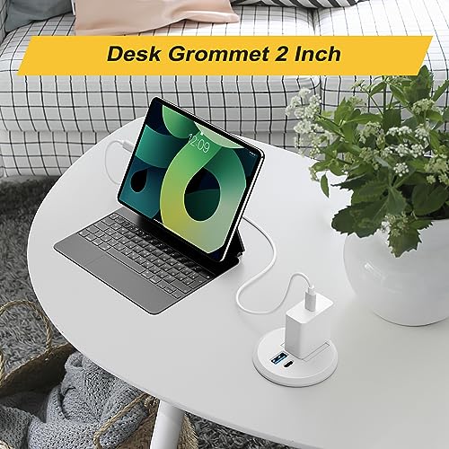 2 Inch Desk Power Grommet USB C PD 20W, Recessed Power Strip Socket with AC Plugs and 2 USB Charging Ports, Hidden Power Strip for Office Furniture Conference Room Kitchen Table, White